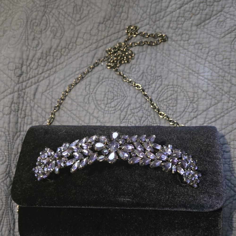 Elegant Black Velvet Clutch with Purple Gem Accents